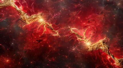 Naklejka premium A stunning cosmic scene depicting vibrant red and gold nebulae in deep space.