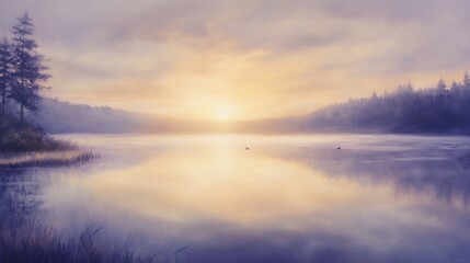 Serene Sunrise: Misty Lake and Golden Dawn Painting