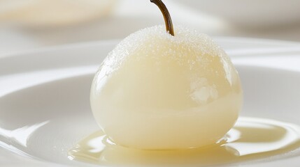 A glistening, sugared fruit sphere rests on a plate