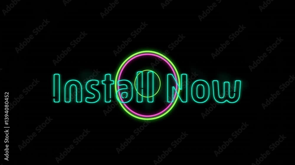 Poster glowing neon animation with install now text in circular design on black background