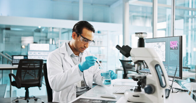 Microscope, healthcare and beaker with man in laboratory for tissue sample, cancer research and science. Cell treatment, report and medical test with person in clinic for tumor enzyme and record