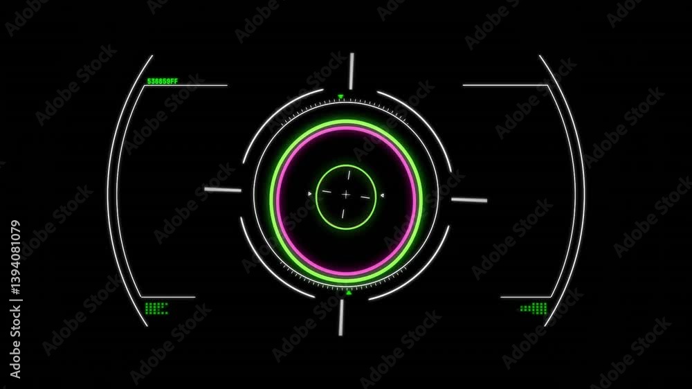 Poster glowing green and pink circular elements in futuristic digital interface animation