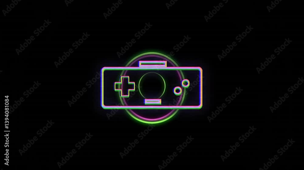 Poster glowing neon game controller icon on black background, creating animation effect