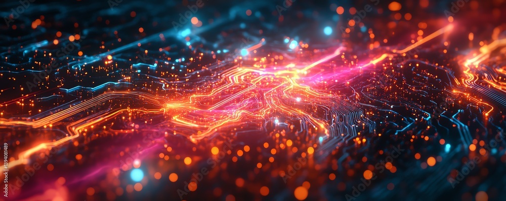 Poster shield symbolizing cybersecurity with intricate digital circuits and vibrant energy flow, glowing pr