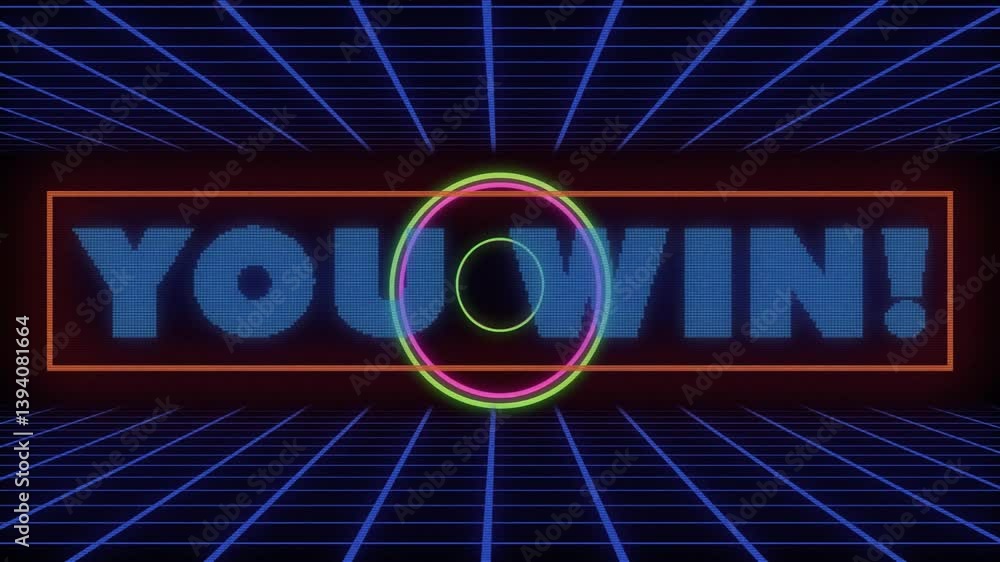 Poster neon circle animation with you win! text over retro grid background