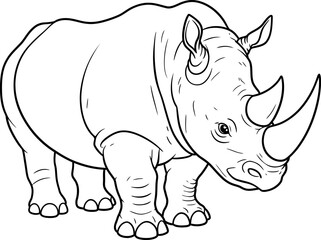 Fototapeta premium Rhinoceros Coloring Page Outline Featuring Large Single Horn Detail Kids Printable Wildlife Rhino Drawing