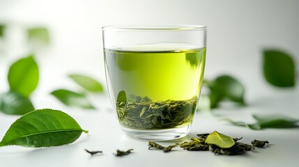 Green Tea in Glass Cup with Fresh and Dried Leaves on White Background