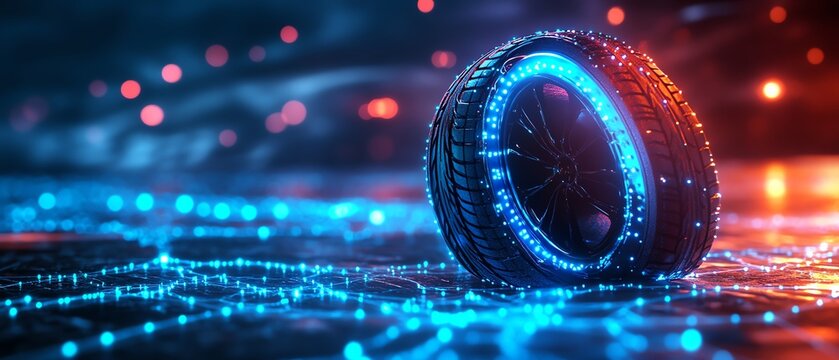 Wireframe car tire glowing with blue lights