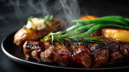 A juicy 12 oz New York sirloin steak with steam rising, accompanied by baked potato and green beans, elegantly served on a black plate in an upscale restaurant