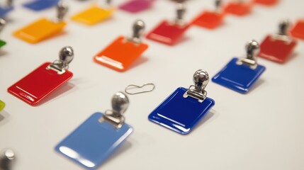 Fototapeta premium Colorful clipboards and heart-shaped paper clip on a white background for creative workspace