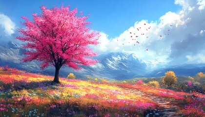 Pink tree in vibrant meadow, mountain backdrop.