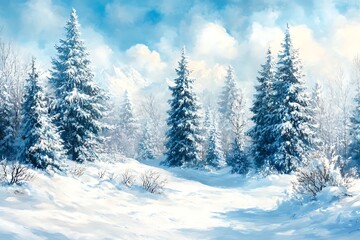 Naklejka premium Snowy Mountain Forest Scene