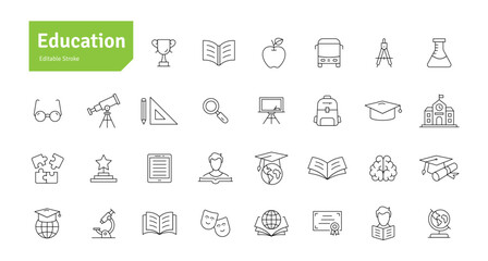Education Line Icons Set. E-Learning, School, College, Study, Knowledge, Calculator, Graduation, Teaching Icons Editable Stroke Vector Illustration