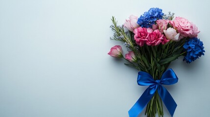 Pastel Floral Bouquet Featuring Pink Roses and Blue Carnations with Blue Ribbon on Light Background