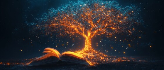 Glowing tree emerges from open book, magical fantasy.
