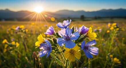 Fototapeta premium Sunset Sereneity: Vibrant Wildflowers in a Mountain Meadow