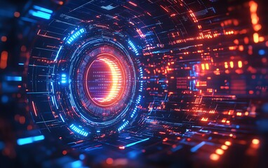 Obraz premium Futuristic cybersecurity shield with intricate digital circuits and vibrant energy flow, glowing neon patterns, advanced technology defense concept, sleek modern design