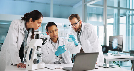 Team, scientist and people with chemical beaker for research, innovation and chemistry. Science...