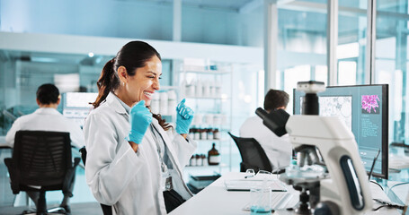 Scientist, woman and microscope with celebration for experiment, breakthrough or medical research study. Biotech, laboratory and excited with DNA on computer screen for pharmaceutical RNA or biology