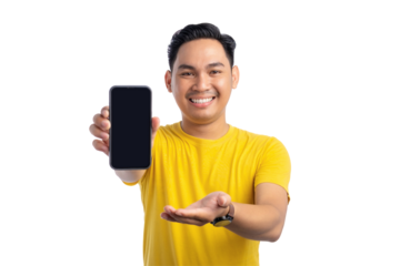 Happy young Asian man presenting smartphone screen with open hand gesture isolated on transparent background