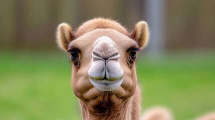 Obraz premium Close-up of a camel's head, looking directly at the viewer. Camel's soft, light-brown fur, prominent nose, and large dark eyes. Out-of-focus green background