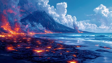 Fototapeta premium Volcanic Eruption Seascape: Fiery Lava Meets Ocean Waves in a Dramatic Coastal Landscape