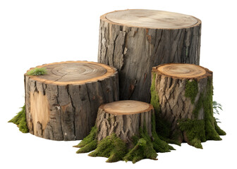 Fototapeta premium Tree Stumps with Moss and Plants Transparent PNG Isolated on White Background