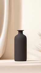 An elegant minimalist black vase rests gracefully on a soft, sunlit surface, evoking a sense of modern sophistication and timeless design. Evoking a sense of calm, serenity, and understated luxury.