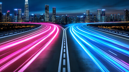 Night Cityscape with Diverging Roads and Vibrant Light Trails
