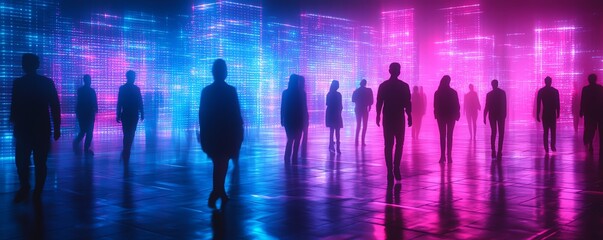 Obraz premium Row of shadowy people in front of electric blue and pink neon grid, cyberspace projection, metaverse and AI fusion, glowing light trails, scifi digital art, hyperrealistic