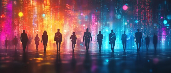 Obraz premium Silhouetted people aligned in a row against a vibrant neon digital background