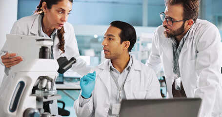 Team, scientist and discussion with clipboard in lab for cure discovery, breakthrough or...