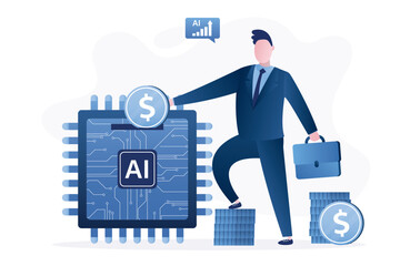 Businessman put dollar coin into chip with AI. Venture fund investing in new innovation startups and neural networks development. Male character investor growing earnings.