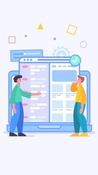 Coding lessons, website backend, frontend development, software developers stand near page with code, 2d loop animation video