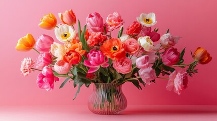 Fototapeta premium Bouquet of Orange Pink and White Tulips and Ranunculus Flowers in a Glass Vase on Pink Background