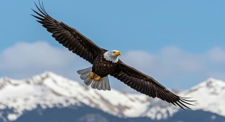 Obraz premium The photograph captures a bald eagle with its distinctive white head and tail soaring in flight against a backdrop of snow-capped mountains and a blue sky