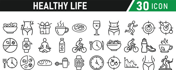 Set of healthy life icons, fitness, gym, workout, food