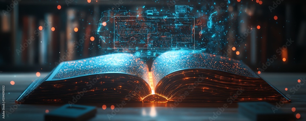 Poster open enchanted book with floating communication and ai service icons, vibrant glowing internet netwo
