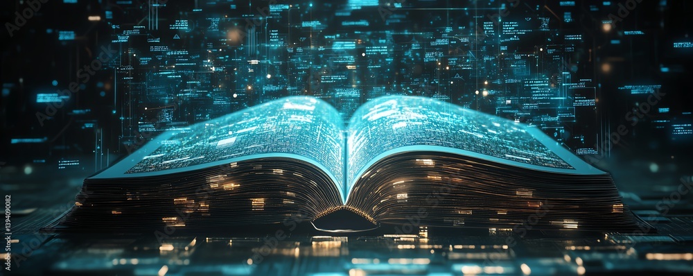 Poster open enchanted book with floating communication and ai service icons, vibrant glowing internet netwo