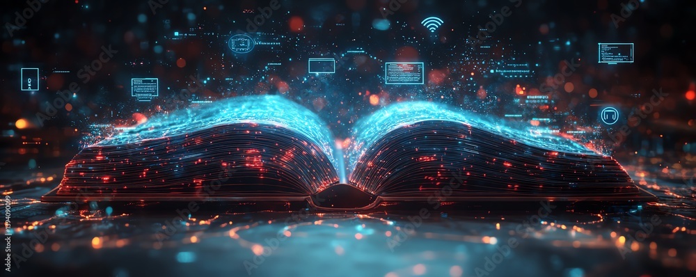Poster open enchanted book with floating communication and ai service icons, vibrant glowing internet netwo