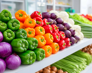 Colorful bell peppers, onions, and cauliflower arranged on a produce shelf in a grocery store