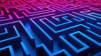 3D render of a glowing neon blue and pink maze background