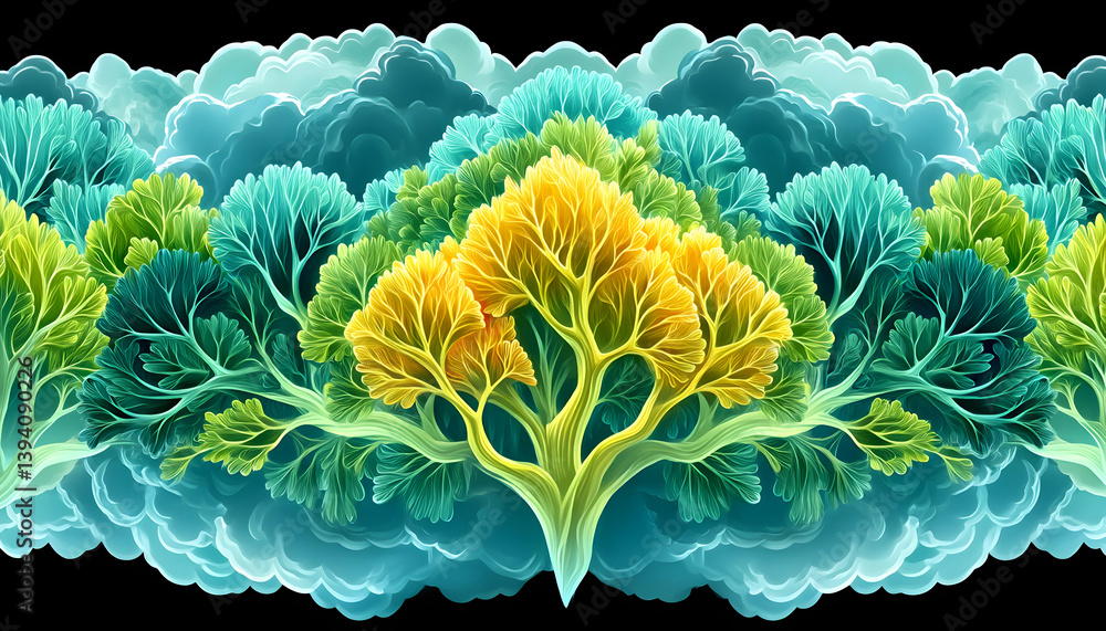 Poster colorful fractal trees in stylized clouds, forming a symmetrical pattern
