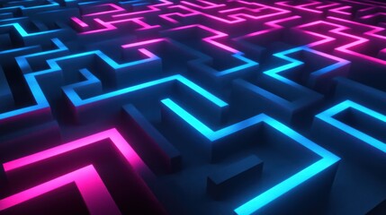 3D render of a glowing neon blue and pink maze background
