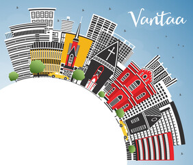 Vantaa Finland city skyline with color buildings, blue sky and copy space. Vantaa cityscape with landmarks. Travel and tourism concept with modern and historic architecture.