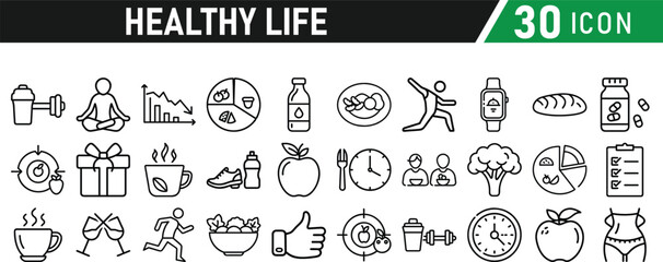 Set of healthy life icons, fitness, gym, workout, food