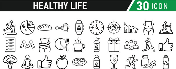 Set of healthy life icons, fitness, gym, workout, food