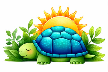 Cute cartoon turtle sleeping peacefully under a bright sun amidst lush green foliage