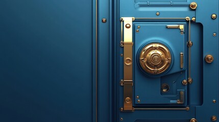 3D render of a modern safe with golden elements on a blue background .