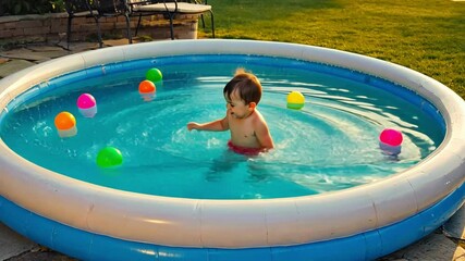 Child's Play in a Backyard Pool: A young child splashes and plays in a colorful inflatable pool, surrounded by floating toys on a sunny summer day.
